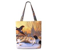 Chien attrapant un faisan imprimé，Sacs d'épicerie réutilisables, sacs fourre-tout de grande capacité, sac à bandoulière en toile