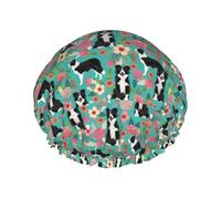 Chien Border Collie style vintage à motifs floraux,Bonnet de douche/bonnet de nuit double couche imperméable et élastique, bonnet de bain réutilisable