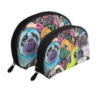 Chien Carlin drôle de Dessin animé, Trousse de Maquillage Coquille Femme Petit Porte-Monnaie Trousse de Toilette Trousse à cosmétiques 2 pièces