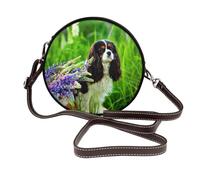 Chien Cavalier King Charles Spaniel Fleurs de Lupin,Sac bandoulière rond en cuir PU - Sac à main rond pour femme
