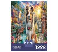Chien Collie dans Le Village Chinois Traditionnel 1000 Pièces Chien en Ville Puzzles De Défi Jouet Jeu Éducatif Décoration D'intérieur Adultes Et Enfants À Partir pour Enfants Cadeaux 70x50cm/1000pcs