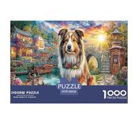 Chien Collie dans Un Village Chinois Traditionnel, Chien coloré dans Un pré Fleuri. Puzzle de 1000 pièces pour Adultes. Magnifiquement illustré. Activité stimulante 38 x 26 cm / 1000 pièces