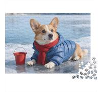 Chien Corgi Hiver 1000 Pièces Puzzle Unique Décoration Moderne Corgi sur Glace avec Seau Puzzles Jouets De Difficiles pour Adultes 70x50cm/1000pcs