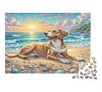 Chien d’Eau Portugais Carton Chien sur Une Plage au Lever du Soleil Puzzle Premium Petite Surprise décorative 38x26cm/1000 pièces