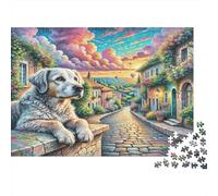 Chien d’Eau Portugais Papier Chien sur Un Mur de Village au Coucher du Soleil Puzzle Cadeau Familial 52x38cm/1000 pièces