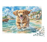 Chien d’Eau Portugais Papier épais Golden Retriever éclaboussant dans l’Eau côtière Lot Puzzle Cadeau Puzzle Anti-Ennui 52x38cm/1000 pièces