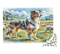 Chien de Berger anatolien Papier Premium Berger Australien dans Un Champ avec des Moutons et Un Moulin à Vent Puzzle à Faire soi-même Jouet éducatif pour débutants 52x38cm/1000 pièces