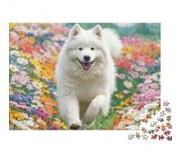 Chien de Compagnie Mignon 1000 Pièces Puzzle Unique Belle Décoration Familiale Samoyed dans Les Fleurs Sauvages Puzzle Jouets De Difficiles pour La Famille 52x38cm/1000pcs