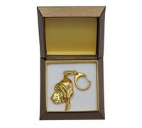 Chien de Saint Hubert, Bloodhound - Porte-clés doré avec chien dans boîte cadeau