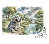 Chien de Saint-Hubert Carton Cocker Spaniel près d’Un ruisseau dans la forêt Puzzle Premium Anti-Ennui Décoration d’intérieur 38x26cm/1000 pièces