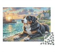 Chien de Terre-Neuve Papier recy ouvier Bernois près de la mer au Coucher du Soleil Puzzle Cadeau de Collection pour Adultes 52x38cm/1000 pièces