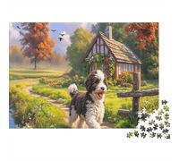 Chien d'eau Portugais Chiot dans la Campagne Cottage Puzzles 1000 Pieces Picture Puzzles Pet for Adults Décoration Murale Tableau Décoratif 70x50cm/1000pcs