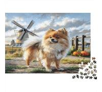 Chien Domestique Papier épais Poméranien dans Un Champ de citrouilles avec Un Moulin à Vent Puzzle Activité relaxante pour débutants 38x26cm/1000 pièces