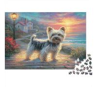 Chien Domestique Papier épais Yorkshire Terrier sur Un Chemin côtier au Coucher du Soleil Lot de Puzzle Anti-Ennui Cadeau Puzzle 38x26cm/1000 pièces