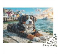 Chien Domestique Papier résistant Bouvier Bernois sur Le Mur du Port près du Village de pêcheurs Puzzle Décoration d’intérieur de Collection 52x38cm/1000 pièces