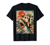 Chien drôle de Sibérie Husky équitation Requin rétro Style Japonais T-Shirt