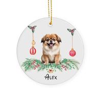 Chien Épagneul Tibétain Doré Céramique Ornements De Noël, avec Ficelle Pendentif pour Décorations 7.3Cm Décoration De Sapin De Noël