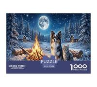 Chien et Chat Puzzle 1000 Pièces Cadeau Unique De l'art De La Décoration Forêt enneigée Bonfire Challenge Toy Adultes & Enfants des 14 Ans 52x38cm/1000pcs