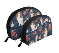 Chien Floral Basset Hound avec des Fleurs, Trousse de Maquillage Coquille Femme Petit Porte-Monnaie Trousse de Toilette Trousse à cosmétiques 2 pièces