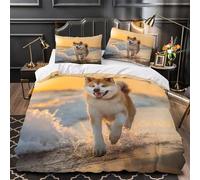 chien heureux qui court 3D Imprimé Housse de couette Microfibre inaltérable scène de coucher de soleil sur une plage agréable Drap de couette 2 taies éclair caché garçons filles Double（200x200cm）