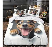 Chien heureux qui regarde 3D Imprimé Drap de couette Microfibre respirant Illustration d'animal de compagnie de dessin animé Housse de couette 2 taies éclair caché famille invités Single (135x200cm)
