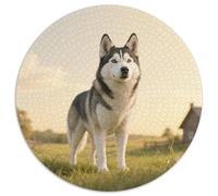 Chien Husky 1000 Pièces Puzzle Convient Aux Adultes Et Aux Enfants Jeu D'Intelligence Pets Mignons Puzzle Rond Décoration Moderne Bricolage Jeu Cadeau Unique (67.5x67.5cm)