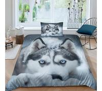 Chien Husky Parure De Lit Housse De Couette Imprimé Microfibre Ensemble De Literie 3D Animaux mignons Housse De Couette Avec Taies D'oreiller 2 pièces Pour Enfants Filles Garçon Single（135x200cm）