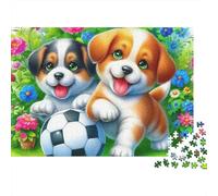 Chien Mignon 1000 pièces Puzzle Adultes, Deux Chiots avec Ballon de Foot dans des Fleurs, épais Robuste Vibrant Difficile Anti-Stress Jeu Familial 38x26cm/1000pcs