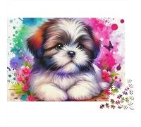 Chien Mignon 1000 pièces Puzzle Adultes, Portrait Aquarelle Splash de Shih Tzu, Haute qualité épais Robuste Vibrant Difficile Anti-Stress 38x26cm/1000pcs