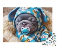 Chien Mignon 1000 pièces Puzzle Cadeau pour Adultes, Bébé Bouledogue français en Pyjama avec tétine, épais Robuste Vibrant Difficile Anti-Stress 38x26cm/1000pcs