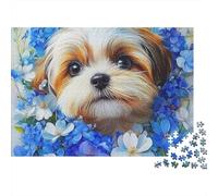 Chien Mignon 1000 pièces Puzzle déco Maison pour Adultes, Chiot Shih Tzu dans Une Couronne de Fleurs Bleue, épais Robuste Vibrant Difficile Anti-Stress 52x38cm/1000pcs