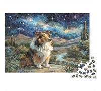 Chien Mignon Carton Border Collie dans Le désert étoilé Puzzle Premium Entraînement cérébral Décoration d’intérieur 70x50cm/1000 pièces