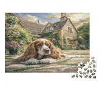 Chien Mignon Carton Cocker Spaniel près d’Une Vieille chaumière dans Le Jardin Puzzle Premium pour Seniors Entraînement cérébral 52x38cm/1000 pièces