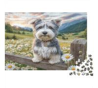 Chien Mignon Carton ondulé Chien Poilu sur Une clôture au Bord d’Un Champ de pâquerettes Puzzle Classique pour débutants Stimulant Mental 52x38cm/1000 pièces