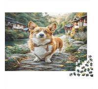 Chien Mignon Carton ondulé Corgi Marchant sur Un Chemin de Pierre de Village Puzzle Classique Activité relaxante familiale 70x50cm/1000 pièces