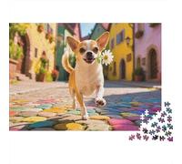 Chien Mignon Difficile 1000 pièces Puzzle soirée Jeu Familial, Chihuahua Courant dans Une Rue colorée en Pierre, épais Robuste Haute qualité Vibrant Difficile Anti-Stress 38x26cm/1000pcs