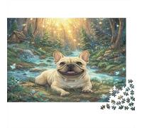 Chien Mignon Papier épais Bouledogue français dans Un ruisseau enchanté Lot de Puzzle Cadeau Puzzle Anti-Ennui 52x38cm/1000 pièces