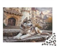 Chien Mignon Papier Husky couché sur des marches près d’Un château de Conte de fées Puzzle Cadeau Familial 70x50cm/1000 pièces