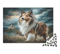 Chien Mignon Papier Lourd Shetland Sheepdog près d’Un château côtier Puzzle pour Seniors Cadeau Secret de Noël Relaxant 52x38cm/1000 pièces