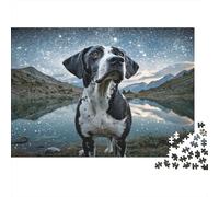 Chien Mignon Papier résistant Dogue Allemand près d’Un lac de Montagne sous Un Ciel étoilé Puzzle Anti-Stress Décoration d’intérieur 70x50cm/1000 pièces