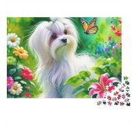 Chien Mignon Premium 1000 pièces Puzzle pour Adultes, Maltais dans Un Jardin Fleuri avec Papillon, épais Robuste Haute qualité Vibrant Difficile Anti-Stress 38x26cm/1000pcs