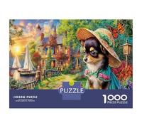 Chien Mignon, Puzzle de Casse-tête en Papier épais, Chien avec Chapeau et Village, offrable, Cadeau d'anniversaire, 70x50cm/1000pcs