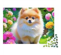 Chien Mignon Saint-Valentin 1000 pièces Puzzle Cadeau pour Adultes, Spitz Blanc dans Un Jardin de Fleurs Roses, épais Robuste Haute qualité Vibrant Difficile Anti-Stress 38x26cm/1000pcs