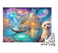 Chien Mousseux dans Une gondole de Venise sous Un Ciel étoilé Puzzle De 1000 Pièces Chien Mignon Jeu Éducatif Classique pour Le Temps des Puzzles en Famille 70x50cm/1000pcs