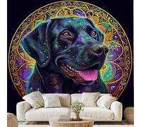 Chien Noir Art Fleur Papier Peint Intissé Labrador Motif Mandala Mural Bohème Mystérieux Papier Peint Autocollant Mural 100x70 cm pour Chambre Salle de Bain Salon