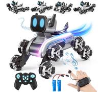 Chien Robot Telecommandé pour Enfants, Voiture Télécommandée avec Musique et Lumières LED et Huit Roues, 2.4GHz Détection Gestuelle Voiture RC Stunt Drift, Jouet Garcon et Fille 4 5 6 7 8 9 10 Ans