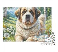 Chien Saint Bernard Puzzle 1000 Pièces Papier pour Adultes Fleurs Champêtres Détente Convivialité Décoration 38x26cm/1000pcs