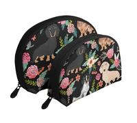 Chien Teckel avec des Fleurs, Trousse de Maquillage Coquille Femme Petit Porte-Monnaie Trousse de Toilette Trousse à cosmétiques 2 pièces