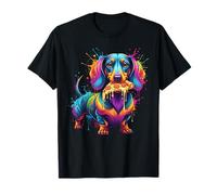 Chien Teckel Mangeant Pizza coloré Wiener Dog Illustration T-Shirt