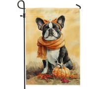 Chien terrier de Boston avec citrouilles et écharpe orange, drapeau de jardin de style aquarelle d'automne, récolte d'automne, décoration extérieure, bannière double face, orange, 30,5 x 45,7 cm